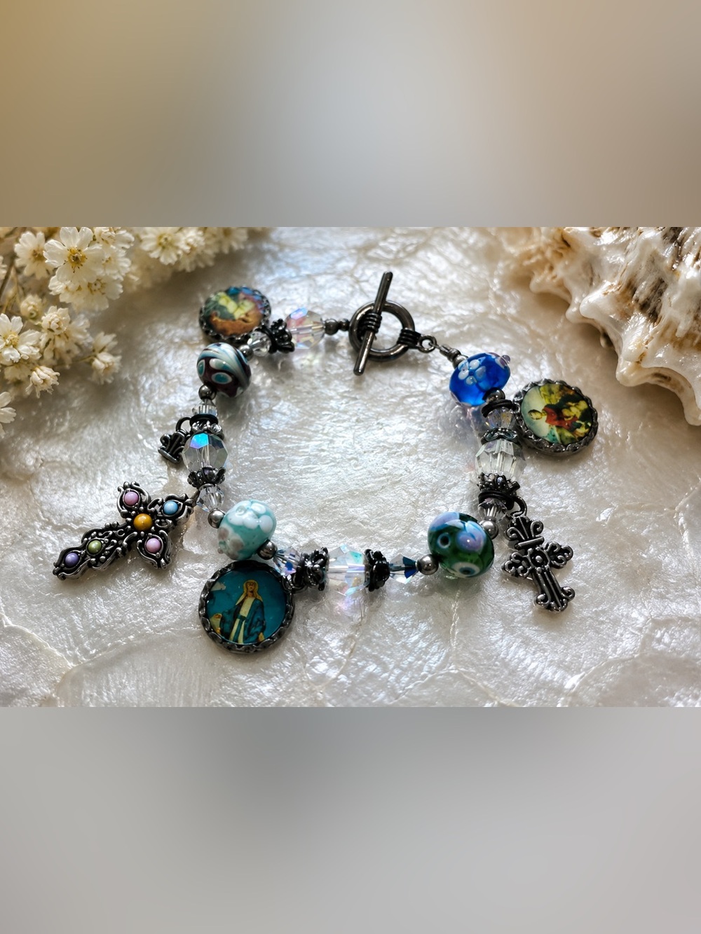 Vintage Murano Glass Catholic Charm Bracelet Cross Madonna Italy Boho